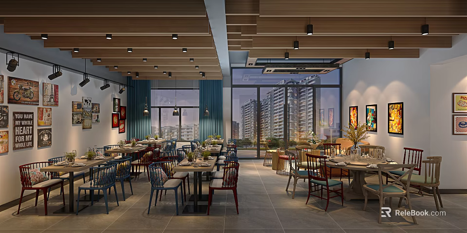 Modern Restaurant Interior Design With Wooden Ceiling Large Windows And Decorative Paintings 3d model 