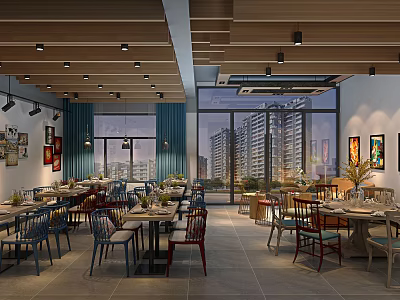 Modern Restaurant Interior Design With Wooden Ceiling Large Windows And Decorative Paintings 3d model