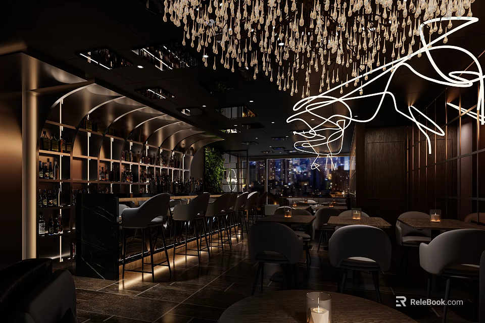 Elegant Bar Interior Design With Chandelier Lighting Comfortable Seating And Wine Racks 3d model 