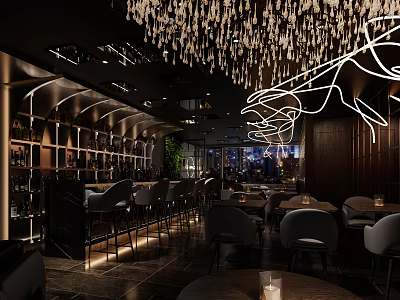 Elegant Bar Interior Design With Chandelier Lighting Comfortable Seating And Wine Racks 3d model