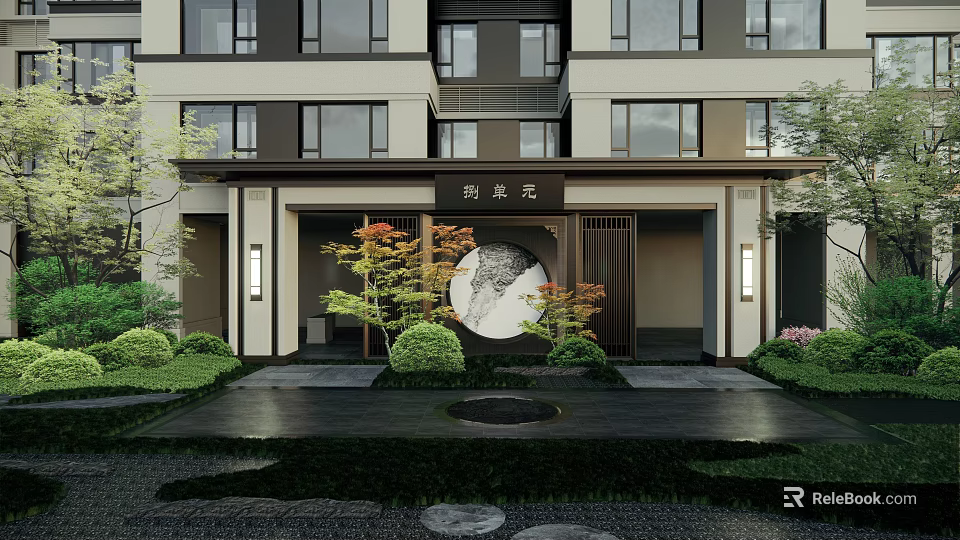 Chinese Style Entrance Gate With Courtyard Landscaping And Circular Decor For Residential Estate Exterior 3d model 