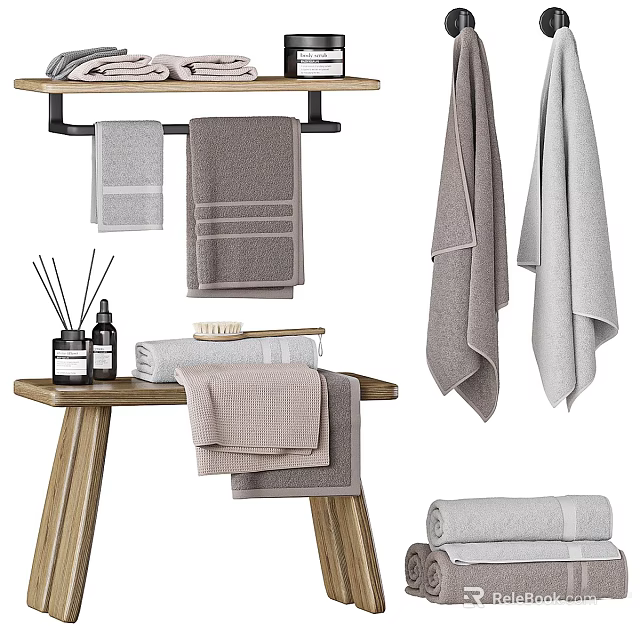 Cozy Bathroom Decorative Accessories Set With Towels Soap Aromatherapy Bottles And Wooden Rack 3d model 