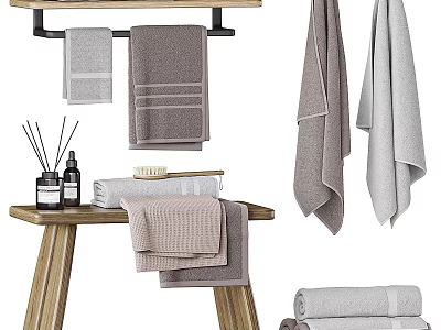 Cozy Bathroom Decorative Accessories Set With Towels Soap Aromatherapy Bottles And Wooden Rack 3d model
