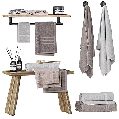 Cozy Bathroom Decorative Accessories Set With Towels Soap Aromatherapy Bottles And Wooden Rack 3d model