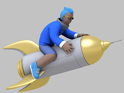 Man with blue hair and golden sunglasses riding gray rocket with golden tail and head 3d model