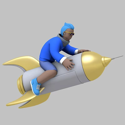 Man with blue hair and golden sunglasses riding gray rocket with golden tail and head 3d model