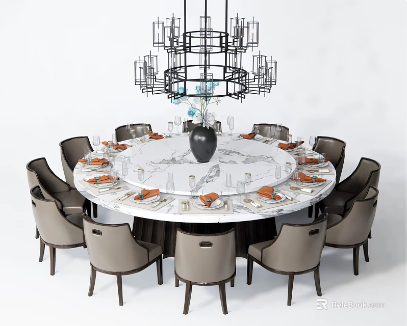 Round Dining Table with Marble Top and Matching Chairs Under Modern Chandelier with Tableware Setup 3d model