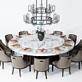 Round Dining Table with Marble Top and Matching Chairs Under Modern Chandelier with Tableware Setup 3d model