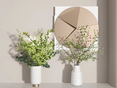 White Decorative Vases With Green Foliage And White Blossoms Near Modern Geometric Wall Art 3d model