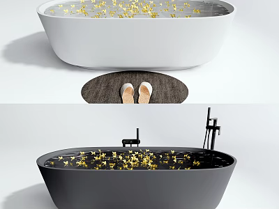 Elegant White and Black Bathtubs with Golden Petals in Water Slippers on Mat 3d model