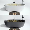 Elegant White and Black Bathtubs with Golden Petals in Water Slippers on Mat
