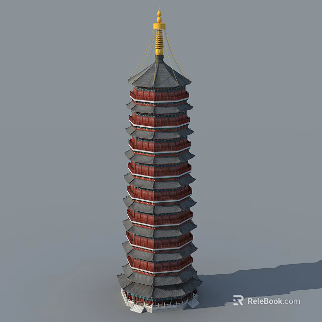 Traditional Multi Layered Pagoda With Red Gray Structure And Golden Top Decoration 3d model 