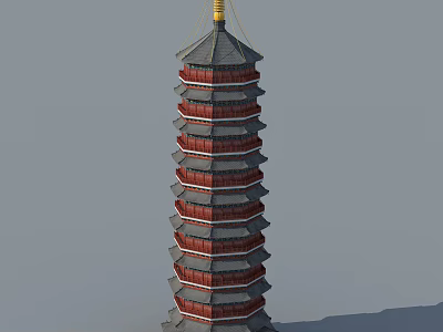 Traditional Multi Layered Pagoda With Red Gray Structure And Golden Top Decoration 3d model