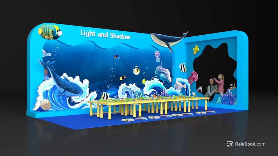Light and Shadow Interactive Area With Ocean Elements Whales Fish Waves And Yellow Table 3d model 