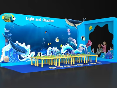 Light and Shadow Interactive Area With Ocean Elements Whales Fish Waves And Yellow Table 3d model