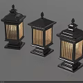 Three Black Outdoor Lights With Stripe Shades Decorative Spires And Square Bases Illuminated