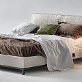 Modern Double Bed With Upholstered Headboard Pillows Blanket And Nightstand Table Lamp 3d model