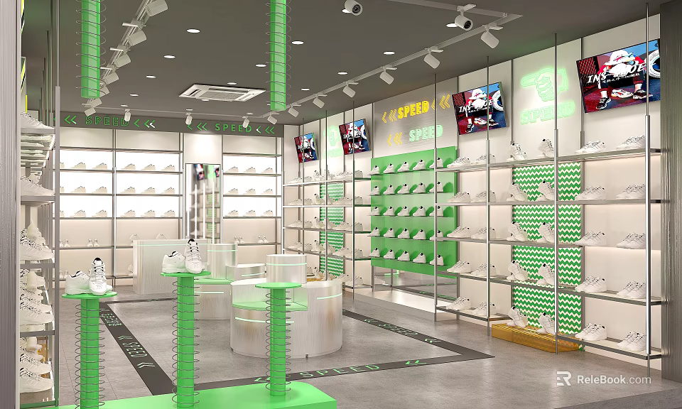 Modern Retail Store Interior With Display Shelves Products And Bright Lighting Fixtures 3d model 