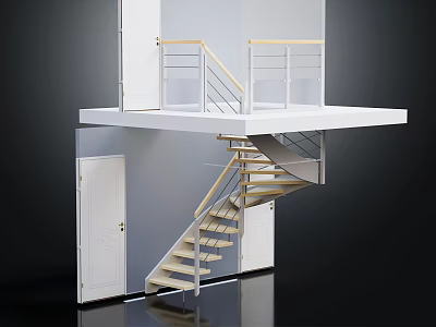 Modern Spiral Staircase Interior Design With Wooden Steps And White Doors Railing 3d model