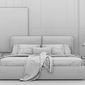 Modern Double Bed With Gray Headboard Pillows Blanket Wall Art And Pendant Lights