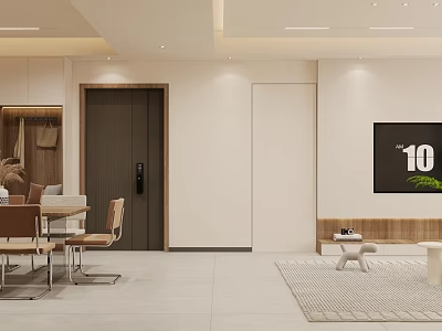 Modern Open Dining Living Room Interior with White Walls Wooden Table Sofa TV and Rug 3d model