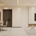 Modern Open Dining Living Room Interior with White Walls Wooden Table Sofa TV and Rug
