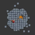 Red Haired Female Character In Red Skirt With Orange Creature On Broken Gray Tile Ground
