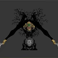 Mythical Character With Black Tree Like Structure Golden Claws Green Accents And Small Dragon Creature