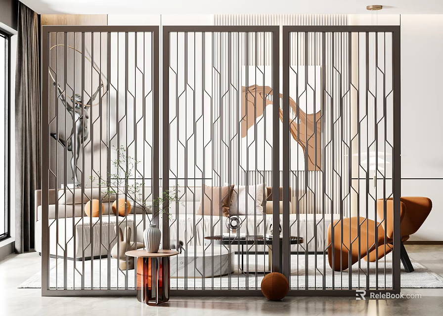 Modern Geometric Metal Room Divider In Living Room With Sofa And Decor 3d model 