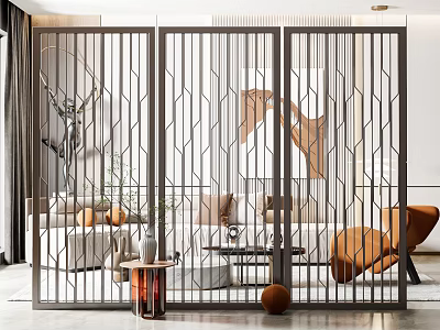 Modern Geometric Metal Room Divider In Living Room With Sofa And Decor 3d model