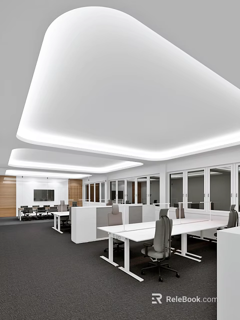 Modern Public Office Space With Open Layout White Desks Gray Chairs Windows And Ceiling Lighting 3d model 
