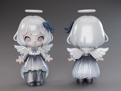 Cute Angel Game and Movie Character with White Hair Wings Halo and Bow Dress 3d model