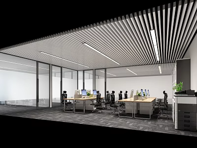 Modern Open Public Office Space With Desks Computers And Glass Partitions 3d model