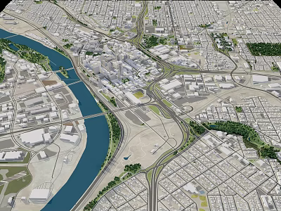Urban City Aerial View Featuring River Bridge Roads Buildings And Green Spaces 3d model