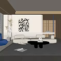 Minimal Living Room Interior With Blue Sofa White Seating And Abstract Art
