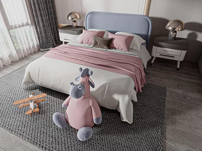 Kids Bed With Blue Headboard Pink Quilt Pillows Nightstands Table Lamps Stuffed Animal Toy Plane 3d model