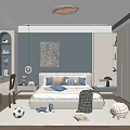 Modern Kids Room Interior With Bed Desk Rug Soccer Ball And Stuffed Toys