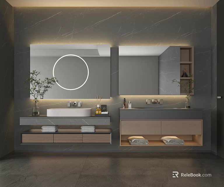Double Vanity Washbasin with Round Illuminated Mirror Side Shelf Under Cabinet Storage and Potted Plant 3d model 
