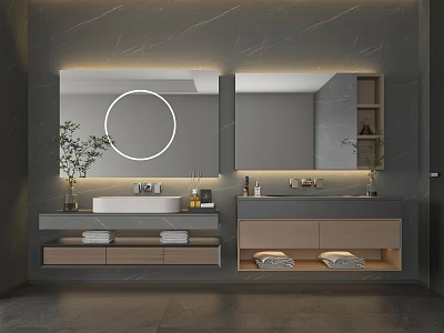 Double Vanity Washbasin with Round Illuminated Mirror Side Shelf Under Cabinet Storage and Potted Plant 3d model