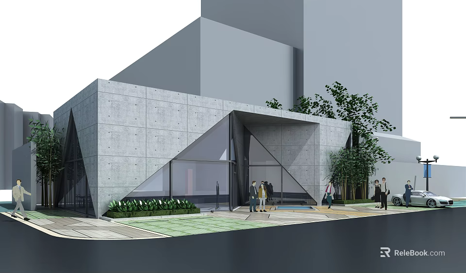 Modern Concrete Sales Office Building With Glass Facade And Green Plants At Entrance 3d model 