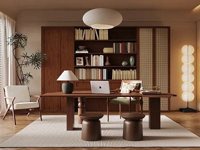 Home Office Interior With Wooden Bookshelves Large Desk Laptop Table Lamp Pendant Light And Potted Plant 3d model