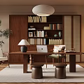 Home Office Interior With Wooden Bookshelves Large Desk Laptop Table Lamp Pendant Light And Potted Plant