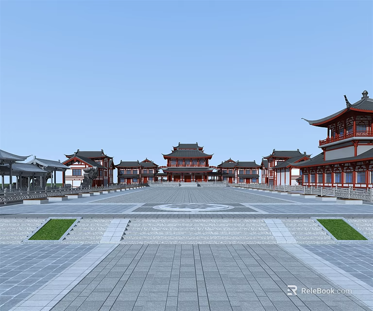 Traditional Ancient Architecture Complex With Symmetric Courtyard Red Pillars Ornate Roofs And Stone Pavement 3d model 