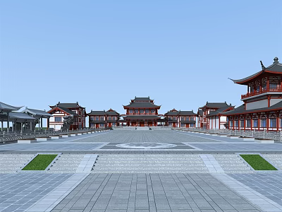 Traditional Ancient Architecture Complex With Symmetric Courtyard Red Pillars Ornate Roofs And Stone Pavement 3d model