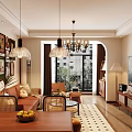 Warm Retro Open Living And Dining Room With Wooden Rattan Furniture And Large Bright Window