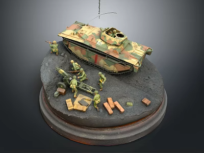 Toy Soldiers Diorama Scene With Tank Model On Circular Base And Brick Elements 3d model