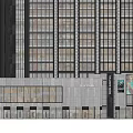 Modern Commercial Street With High Rise Building Glass Curtain Wall And Billboards