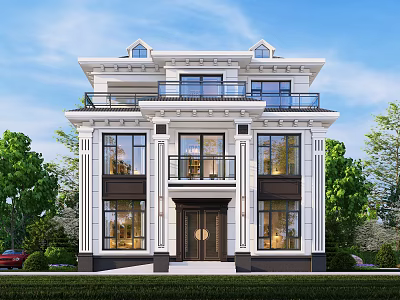 Classical Detached Villa With Balcony Large Windows Stone Exterior And Green Trees 3d model