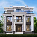 Classical Detached Villa With Balcony Large Windows Stone Exterior And Green Trees