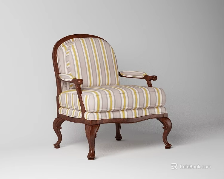 Classic Single Sofa With Wooden Frame Striped Beige Yellow White Upholstery And Carved Legs 3d model 